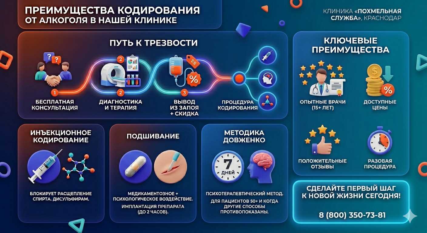 Инфографика о методах кодирования от алкоголя в Акуше: инъекции, подшивание, метод Довженко. Преимущества клиники и этапы лечения.