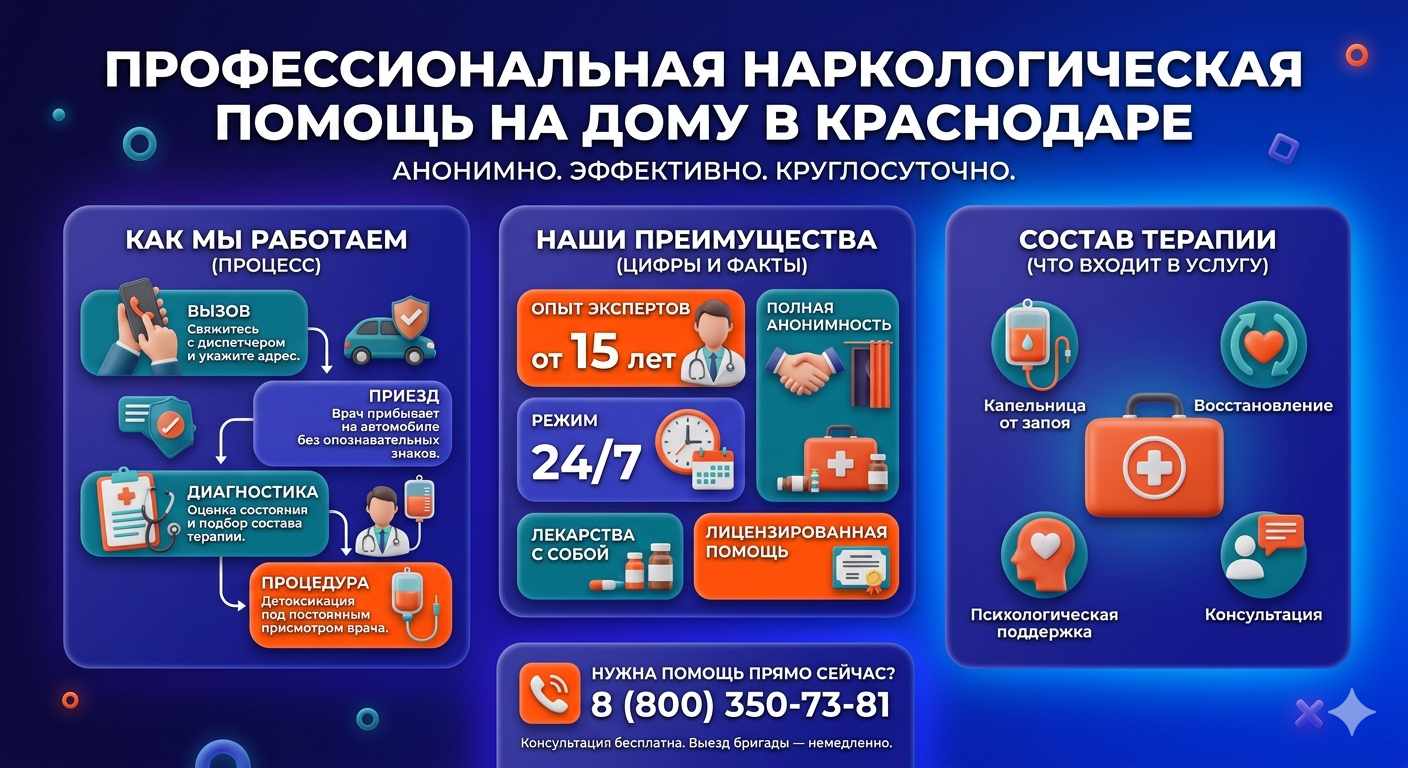 Инфографика о принципах лечения алкоголизма на дому в Акуше: этапы вызова нарколога, преимущества анонимной детоксикации и состав медицинской помощи.